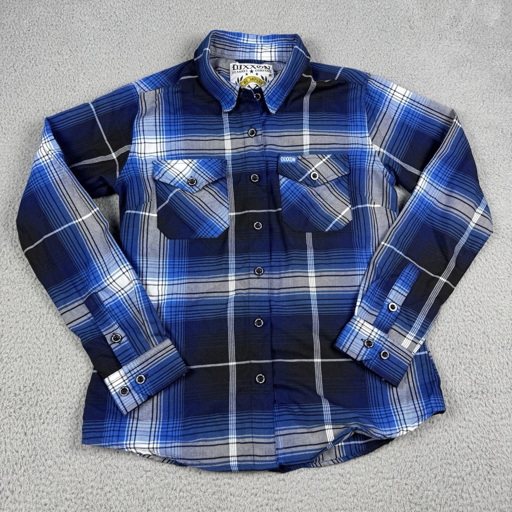 Dixxon Culloden Flannel Shirt Womens Medium Blue Black Plaid Long Sleeve Button